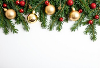Christmas tree decorations and balls and pine branches top view on white background