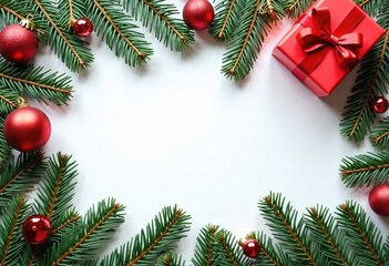 Christmas tree decorations and balls and pine branches top view on white background
