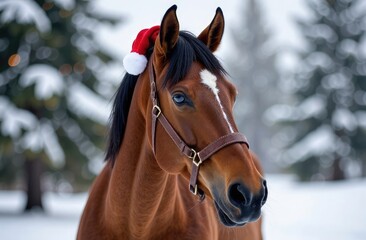 Cute horse in Santa Claus hat on winter background