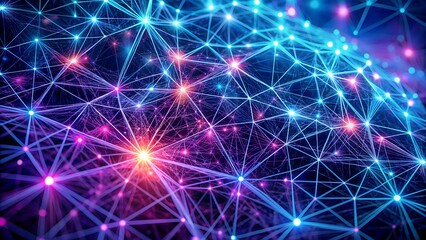 Abstract glowing network of interconnected nodes and lines, representing digital connections, data flow, and artificial intelligence in a vibrant blue and purple color scheme