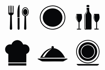 Restaurant icons isolated on white background fork, knife, spoon, plate, wine, chef hat, food cover, dinner, and culinary symbols