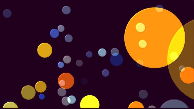 Bright circles float and swirl in a vibrant digital landscape at night.
