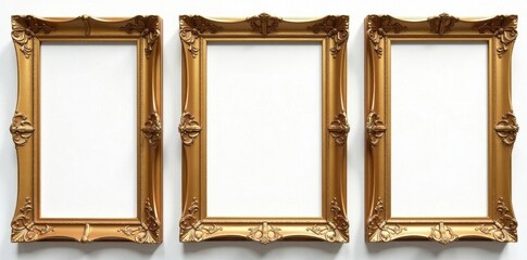Collection of antique golden frames, pristine white background, background, illustration