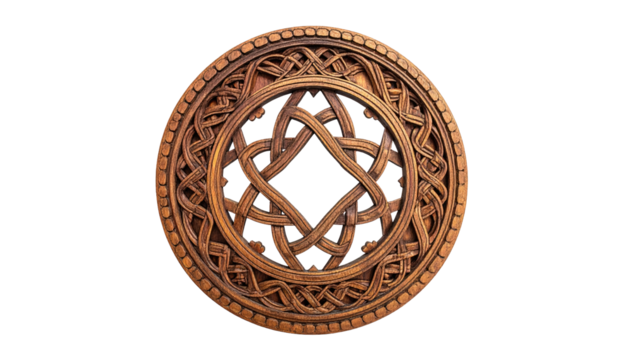 Ornate, circular wooden carving.  Intricate, repeating patterns,  featuring interwoven,  detailed knotwork design.  A central diamond shape.  Dark brown wood