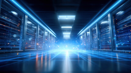 Fototapeta premium Futuristic data center corridor with illuminated server racks and glowing blue lights creates high tech atmosphere. sleek design emphasizes advanced technology and digital connectivity