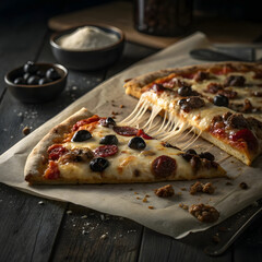 Cheese Pull Perfection Dramatic Close-Up of a Supreme Pizza Slice with Stretching Mozzarella and Dark, Rustic Setting Gourmet Pizza Preparation Artistic Slice with Pepperoni, Sausage, and Olives