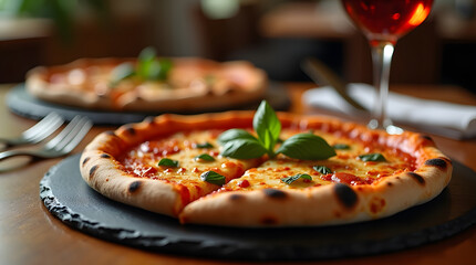 Authentic Neapolitan Pizza Margherita on Slate Plate with Wine Pairing Fine Dining Italian Experience Close-up of Basil and Mozzarella Pizza