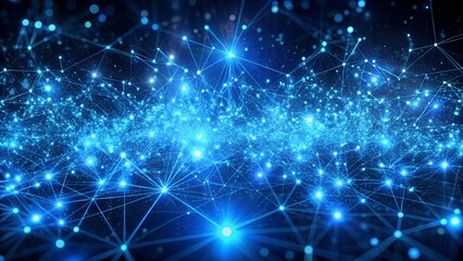 Interconnected network of glowing blue nodes and lines, representing a complex digital web, global communication, data transfer, or a futuristic technological system in a dark, abstract space