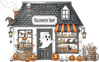 Charming halloween shop illustration with pumpkins ghost and skeleton decor art