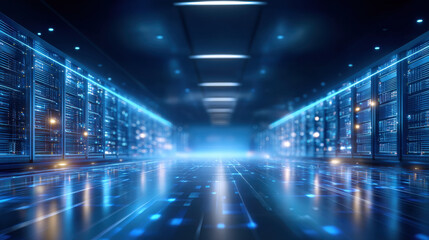Futuristic data center with rows of servers illuminated by blue lights, showcasing sleek and modern design. atmosphere conveys sense of advanced technology and innovation
