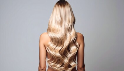 Fototapeta premium Woman seen from behind showcasing wavy, long, golden blonde hair. Skin is tan. Plain grey background. Shot from the back