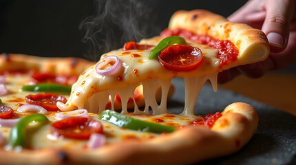 Extreme Close-up Hand Lifting Hot Supreme Pizza Slice with Dramatic, Stringy Cheese Pull and Rising Steam Mouthwatering Pizza Moment Side View of Pepperoni, Onion, and Pepper Slice, Melting Mozzarella