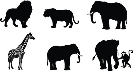 Silhouette safari animals including lion, tiger, elephant, zebra, and monkey illustration for wildlife, jungle, African nature, ecosystem, and adventure design concepts
