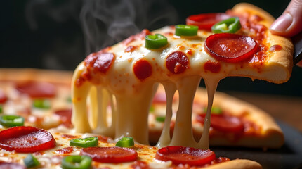 Golden Crust Pizza Slice Lift with Epic Cheese Stretch and Steam, Hot Pepperoni and Jalapeño Toppings Close-Up of Hand Grabbing a Hot, Melty Slice of Supreme Pizza, Extreme Cheese Drip Action