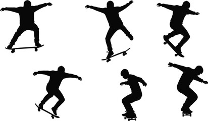 Silhouette skateboarders performing tricks and stunts illustration for extreme sports, urban lifestyle, street culture, youth activity, balance, motion, and action design