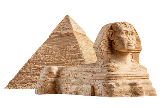 The Great Sphinx of Giza with a pyramid in the background, isolated on a transparent background.