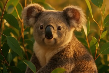 Fototapeta premium Koala resting in eucalyptus branches at golden hour soft fur detail and gentle gaze