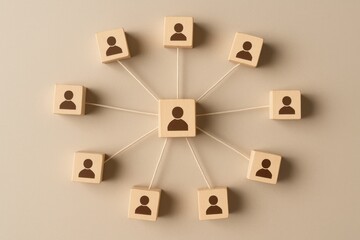 Human resources network with wooden blocks connected by lines leadership team organization