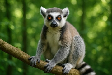 Fototapeta premium Ring tailed lemur perched on branch gazing forward with lush forest bokeh