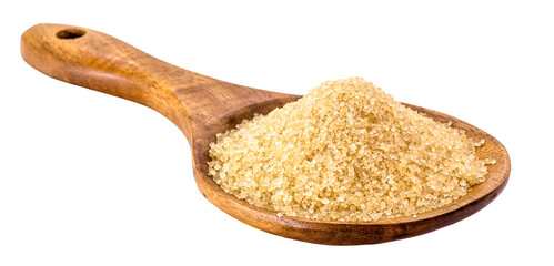 wooden spoon organic sugar or brown sugar, on isolated white background, copyspace