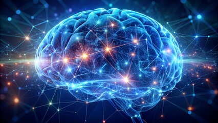 Abstract visualization of a glowing blue human brain with interconnected nodes and bright lights, symbolizing artificial intelligence and neural networks