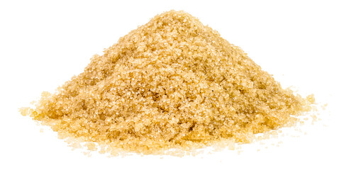 organic sugar pile, raw sugar on isolated white background, Side view of unrefined raw cane sugar pile