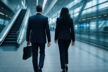 Rear view business colleagues walking through transit hub by escalators motion blur