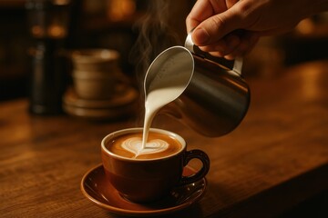 Warm vintage cafe scene with barista pouring silky milk into espresso for latte art