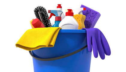 A blue plastic bucket overflowing with cleaning supplies.  Colorful cloths, bottles, sponges, a brush, and gloves are packed inside.  3D rendered image
