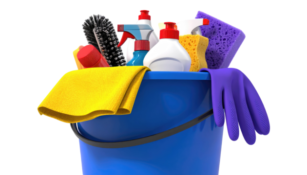 A blue plastic bucket overflowing with cleaning supplies.  Colorful cloths, bottles, sponges, a brush, and gloves are packed inside.  3D rendered image