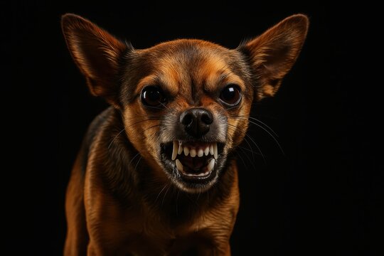 Fierce Chihuahua baring teeth studio portrait sharp eyes and bristling fur dramatic look