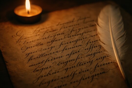 Antique parchment constitution manuscript with elegant script quill and warm candle light