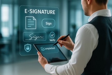 Signing e-signature documents modern office digital interaction professional environment close-up view business efficiency