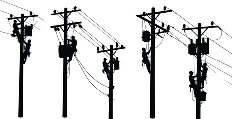Silhouette utility workers climbing power poles repairing electrical lines with safety harnesses teamwork maintenance electricity infrastructure vector illustration design