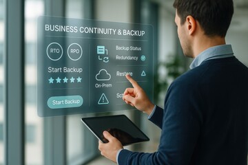 Business continuity and backup strategies for data management in modern offices digital interface professional environment user perspective