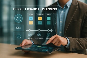 Product roadmap planning session modern office digital presentation collaborative environment close-up view strategic development