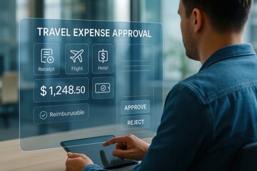 Travel expense approval process corporate office digital interface modern workspace user-friendly financial management
