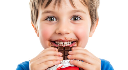 Children's day  cute boy eating chocolate bar portrait happy child enjoying sweet treat chocolate smeared face kid dessert time