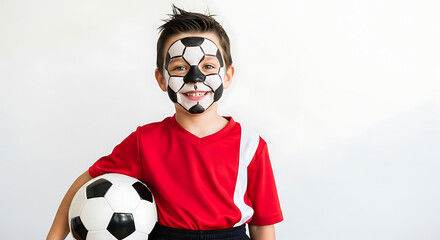 Children's day  portrait of young boy with soccer ball face paint and red jersey ready for a soccer game or practice