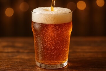 Frosted craft beer poured into pint glass with creamy head on rustic wood table