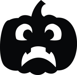 Black silhouette of a Halloween pumpkin with sad grumpy expression and jagged frown carved face on white background