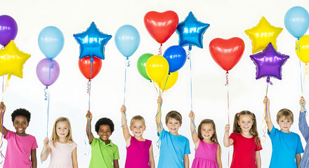Children's day  celebration birthday party with kids holding balloons happy children fun event colorful balloons joy