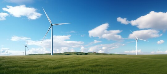 Wind turbines stand tall in a vast green field under a bright blue sky with fluffy clouds, symbolizing renewable energy and sustainable development in nature