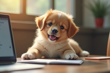Adorable puppy feeling stressed out at her virtual office desk.