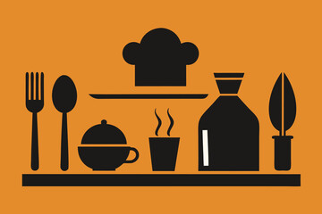 Culinary delights a collection of kitchen utensils, tableware, and chefs hat arranged on a shelf against an orange background