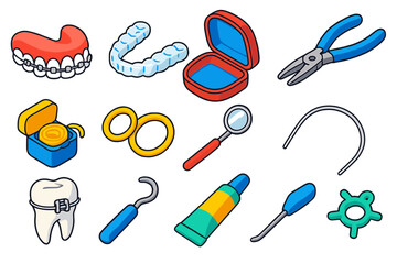 Orthodontic Tools Icons. Isometric vector illustration set Orthodontics: braces, clear aligners, retainer case, dental wax,