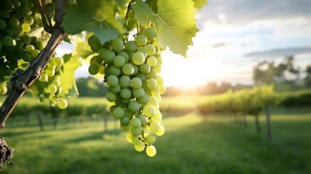 Green grape cluster in vineyard sunlight agriculture food production