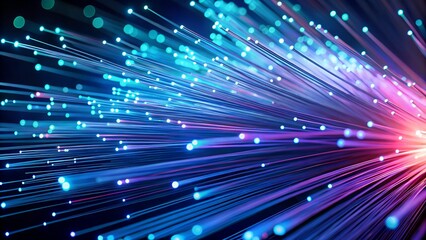 A burst of fiber optic strands glowing with blue and pink light, representing highspeed data transmission