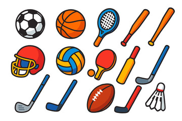 Vibrant Sports Equipment. Isometric vector illustration set Multi-sport mini: soccer ball, basketball, tennis racket, baseball bat