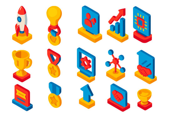 Startup Award Icons. Isometric vector illustration set Startup awards: rocket launch trophy, light bulb innovation medal, pitch